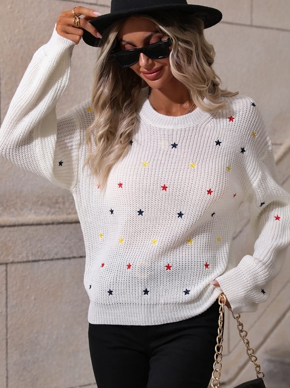 SHEIN White Crewneck Sweater with Red, Navy & Yellow Star Embroidery